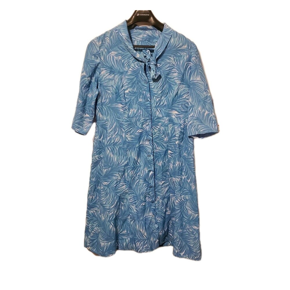 Vintage Blue Leaf Print Tie Neck Shirt Dress Womens Large Tropical Button Front
